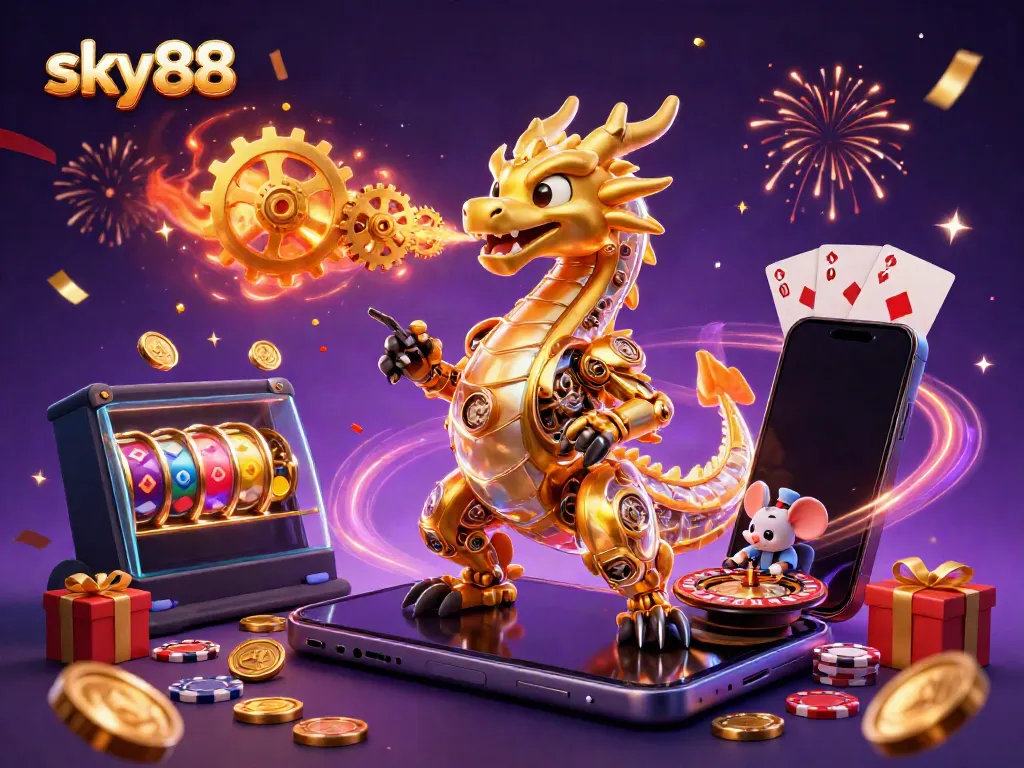 Experience thrilling gameplay adventures with sky88 in this vibrant 3D casino scene featuring a golden dragon.