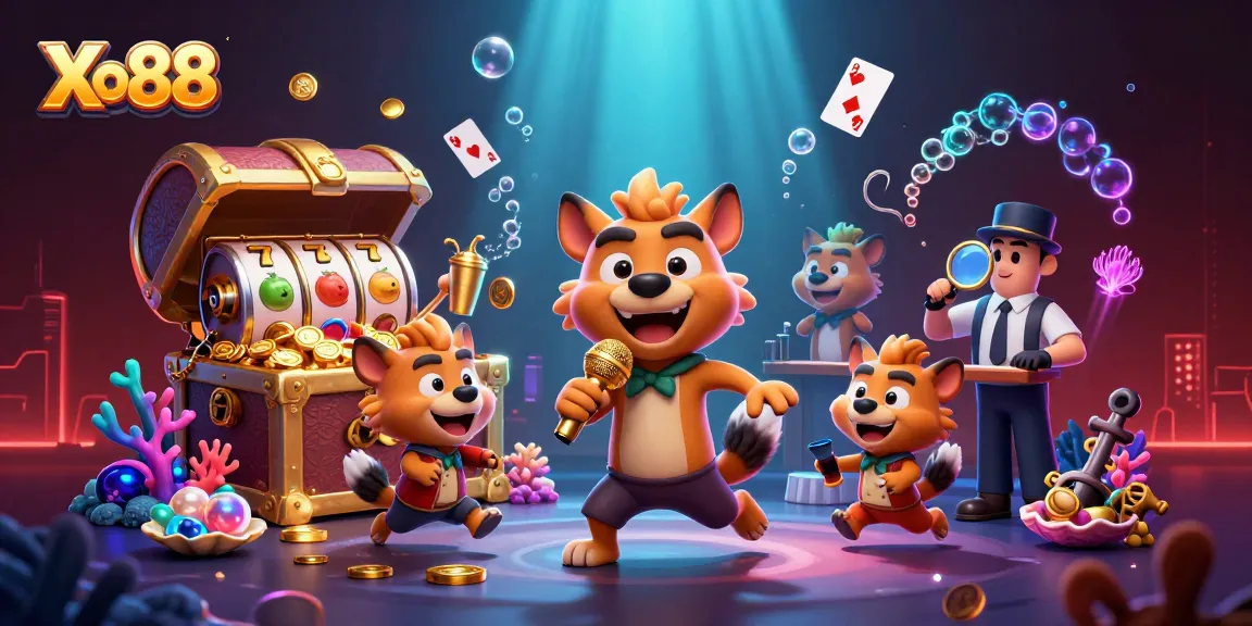 Xo88 hyenas running a lively comedy casino club with colorful gaming elements exploding with excitement.