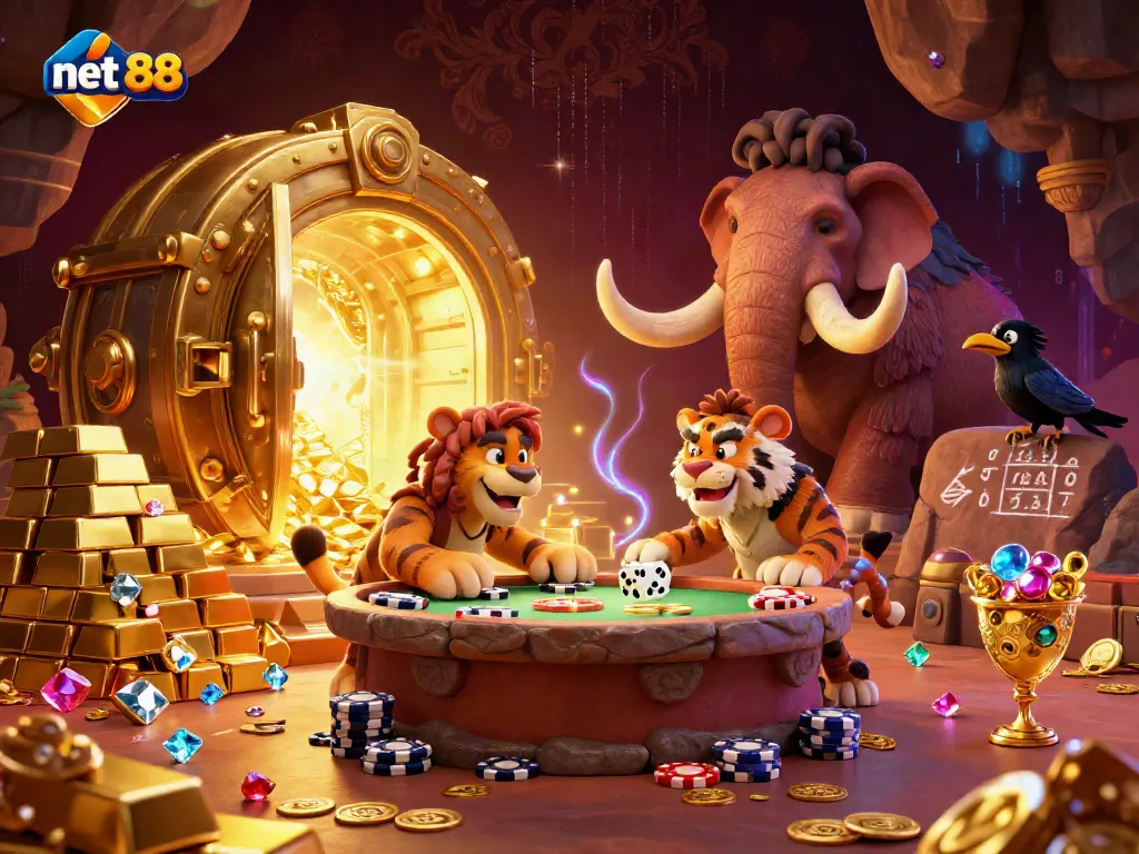 Experience the excitement of net88 with a prehistoric casino scene featuring unique characters and vibrant treasures.