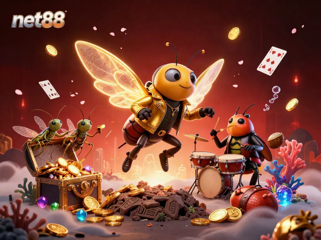 Experience high-energy gaming with net88 amid a vibrant 3D casino scene filled with sparkling treasures.