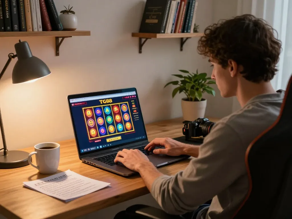 TG88 online casino gameplay scene showing an immersive home gaming setup with vibrant slot reels.