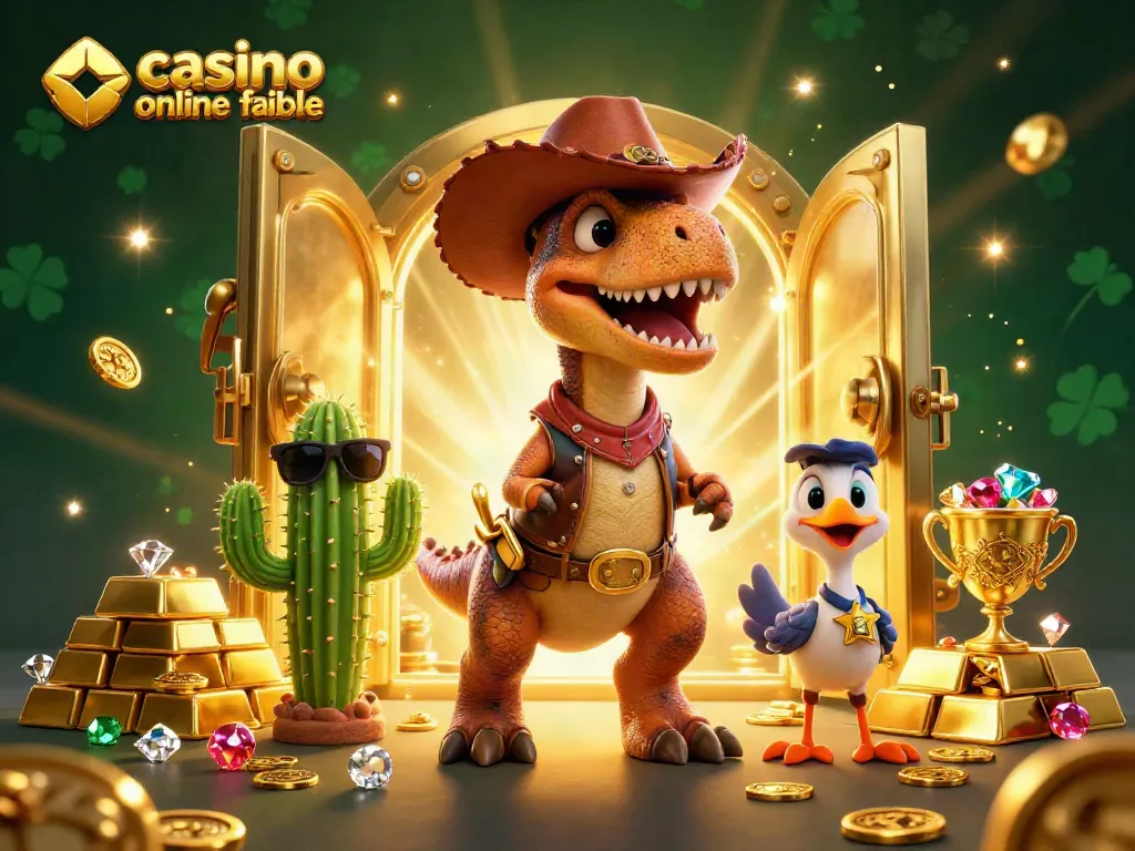 Disfruta de un casino online fiable con el dinosaurio T-Rex y elementos de juego mientras descubres tesoros.