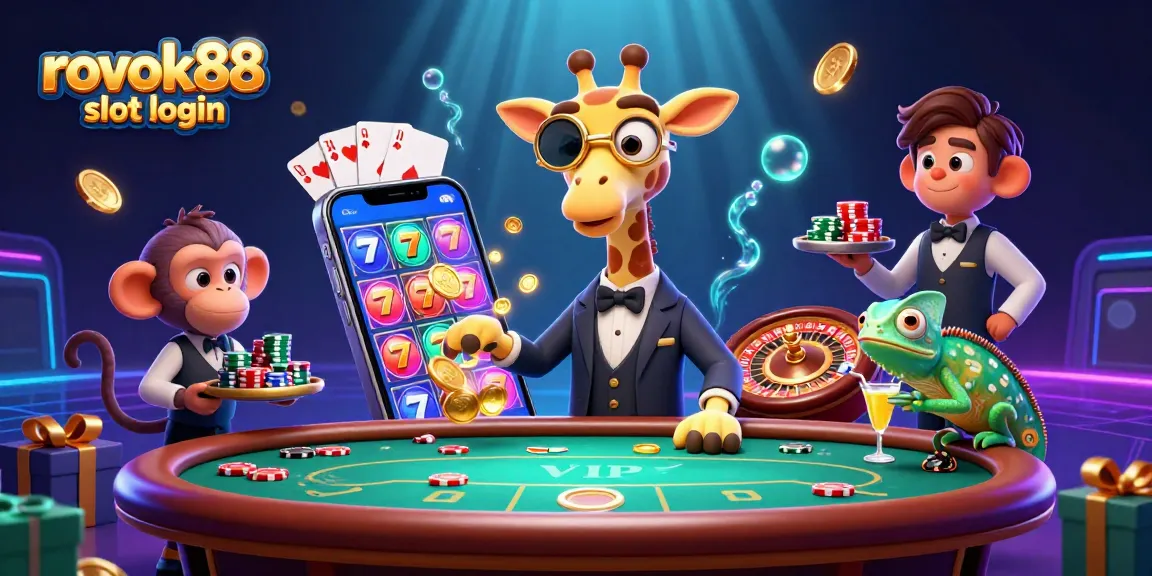 Engage in thrilling gameplay at rokok88 slot login with vibrant 3D casino elements showcasing a giraffe and monkey.
