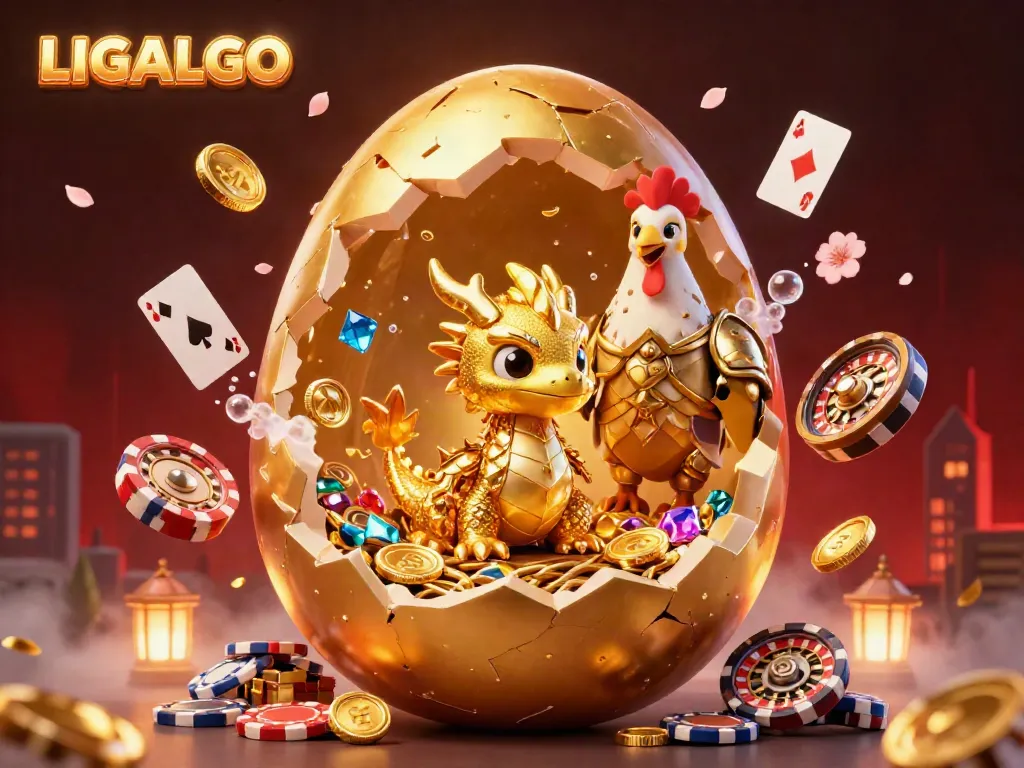 Experience the thrill of LIGALGO with a stunning golden dragon themed casino scene filled with poker chips and gambling elements.