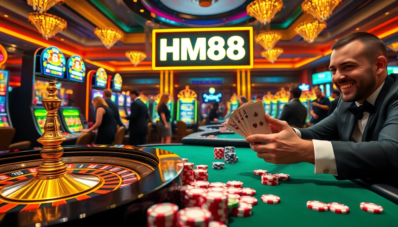 A gambler triumphantly wins at HM88's roulette table in an upscale casino environment.