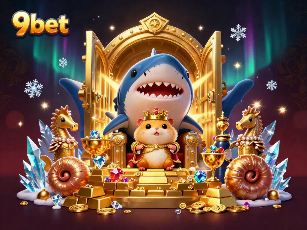 Engage with 9bet's vibrant casino world featuring a golden hamster king on a megalodon throne.