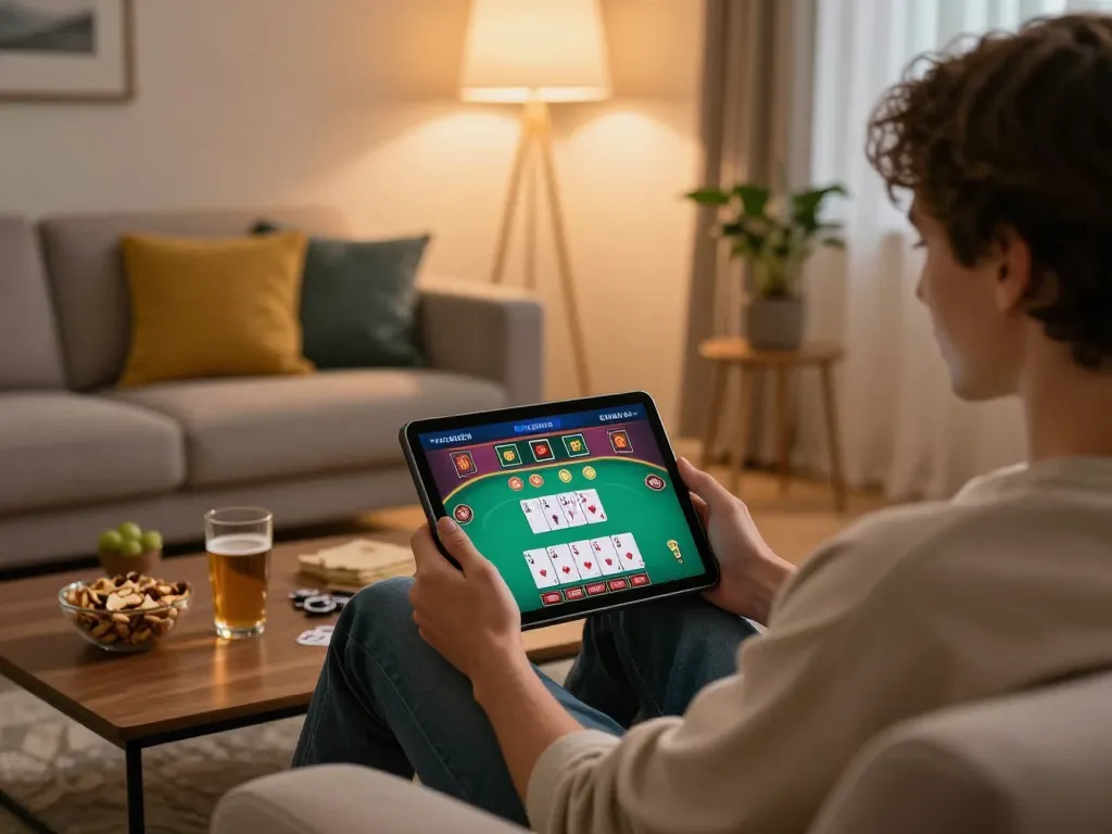 Play poker online at rik vip with a tablet, enjoying a relaxed home setting