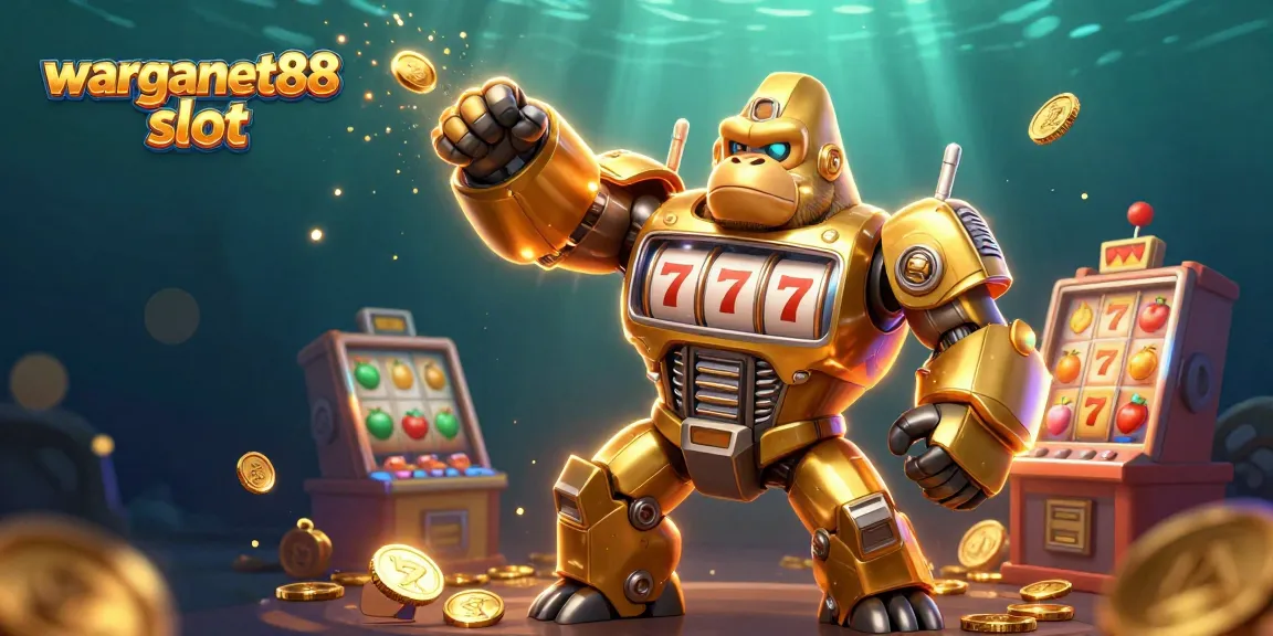 Experience the excitement of warganet88 slot with a dynamic 3D illustration of a golden gorilla mech and slot elements.