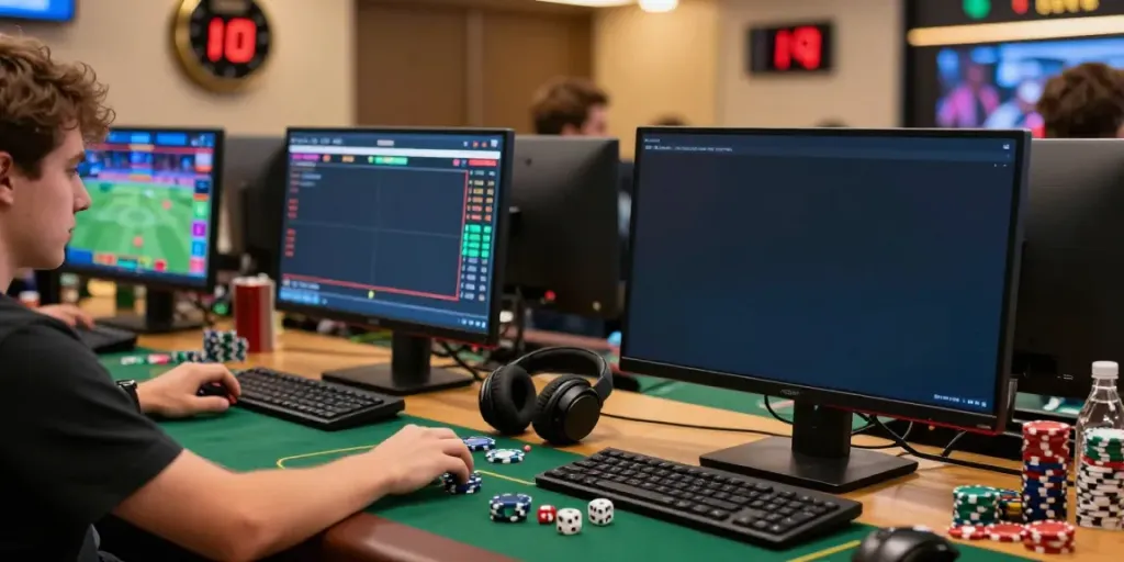Exciting online betting scene featuring a player at a computer engaged with https://fabet.com.mx/ sports graphics and poker chips.
