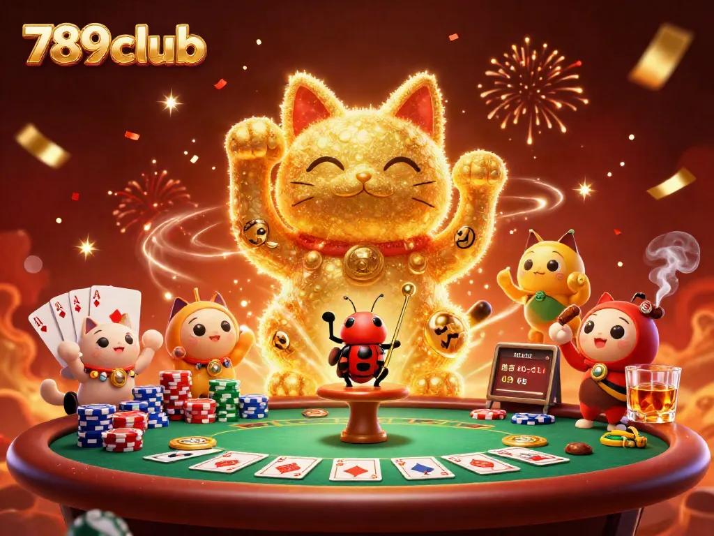 Experience the thrill of gambling at 789club with this vibrant illustration showcasing a lucky cat and casino elements.