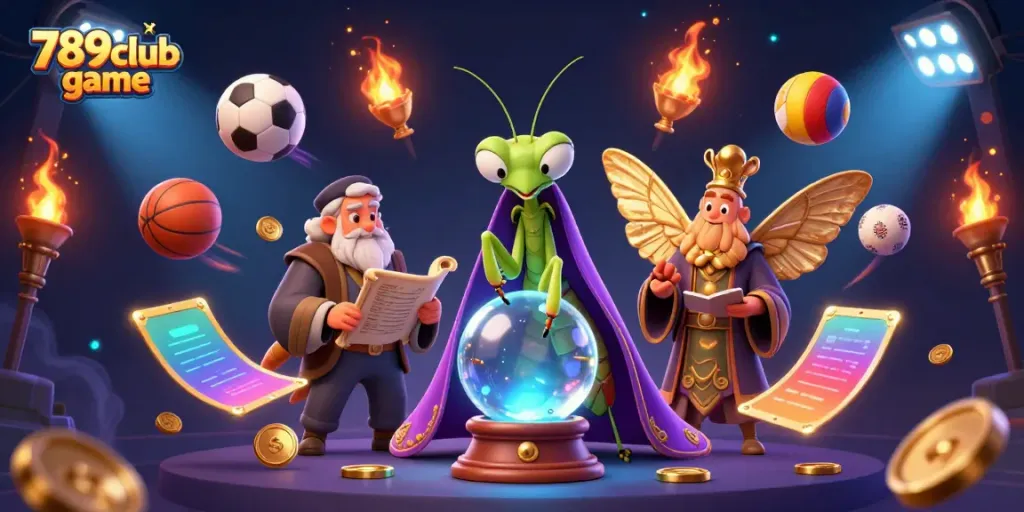 Engage with the thrilling 789club game, featuring a mystical scene with fortune tellers and sports elements.