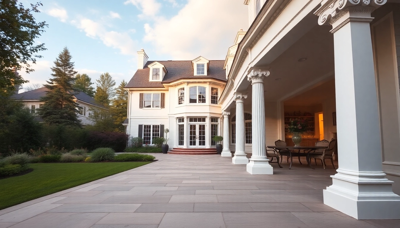 Showcase a colonial addition that enhances home aesthetics with elegant features and lush surroundings.