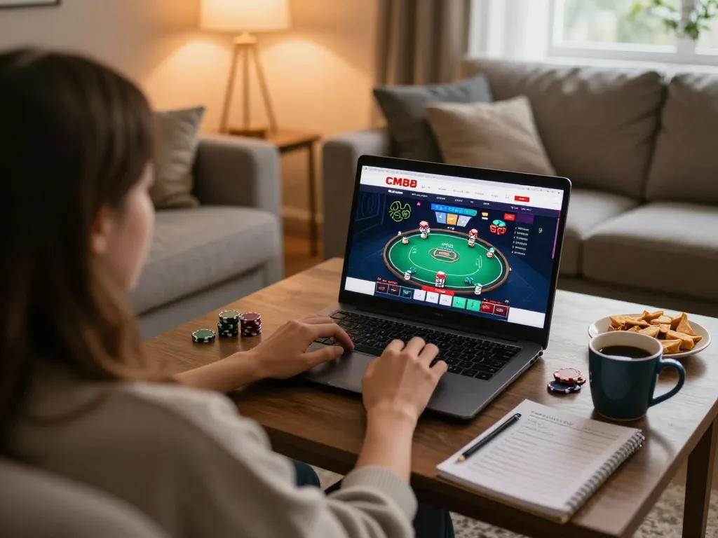 Gambling with CM88 COM on a laptop in a cozy home setting, showcasing a responsible gaming atmosphere.