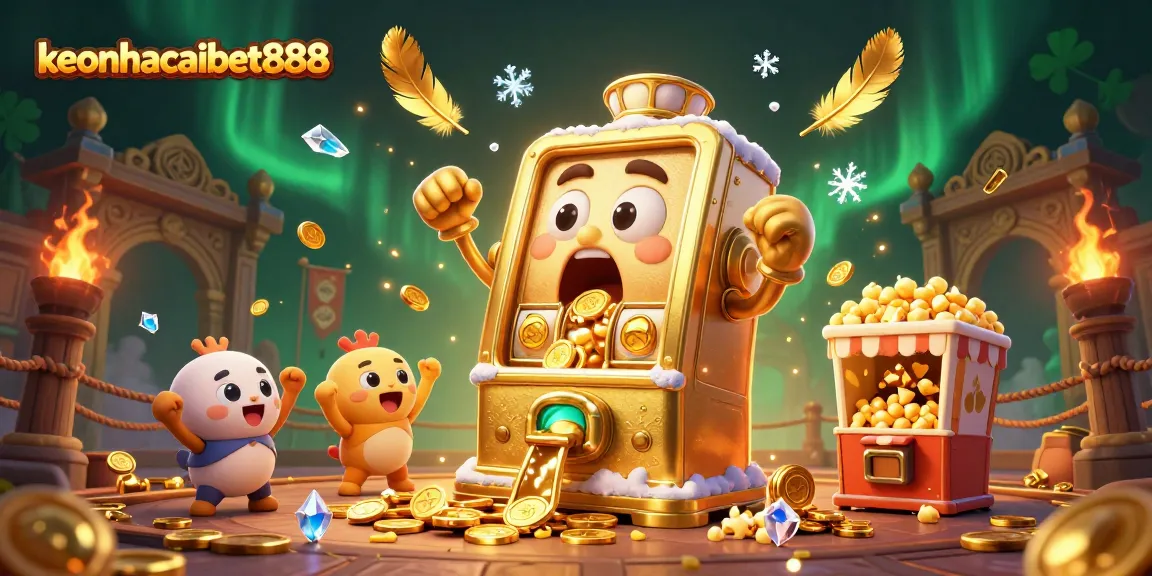 keonhacaibet888 celebrates a jackpot with a golden slot machine amidst coins and festive elements