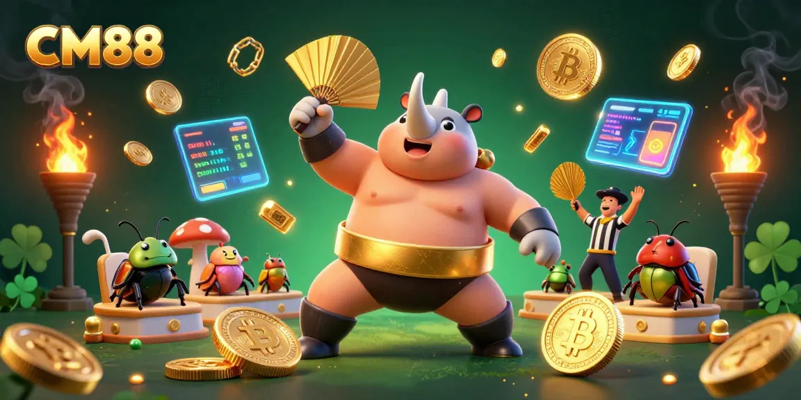CM88 offers thrilling experiences featuring a sumo beetle champion amidst flying coins in an engaging casino scene.