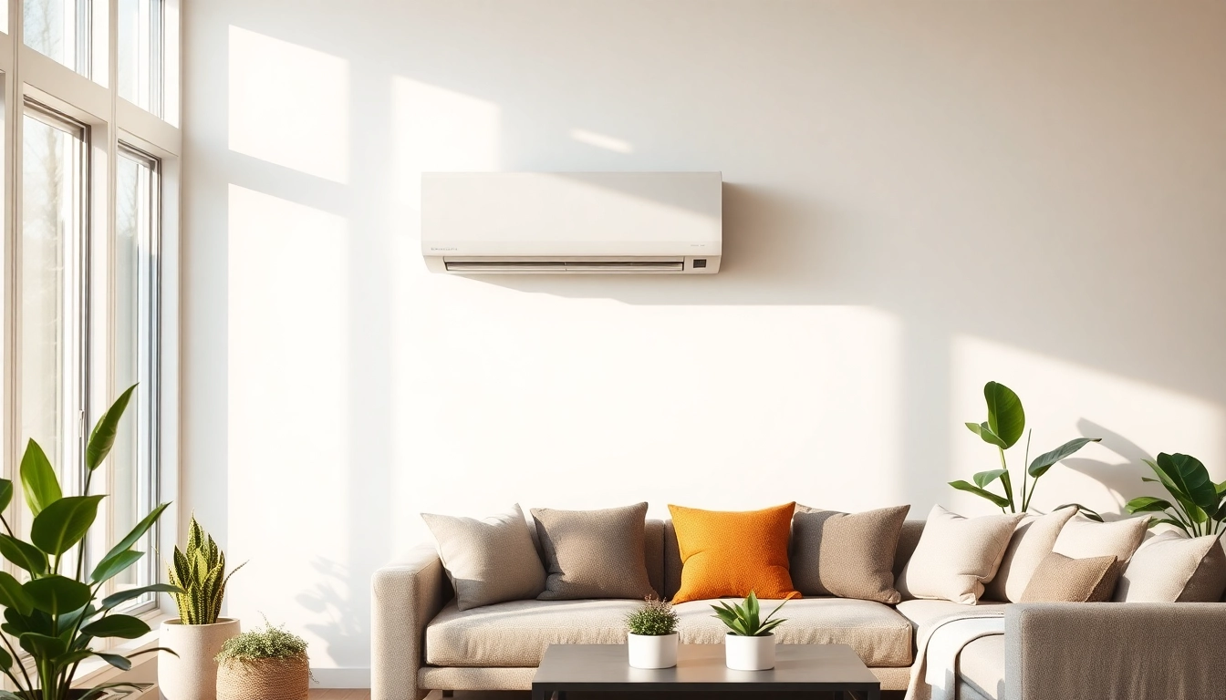 Mounting a mini split AC system in a stylish living room environment.