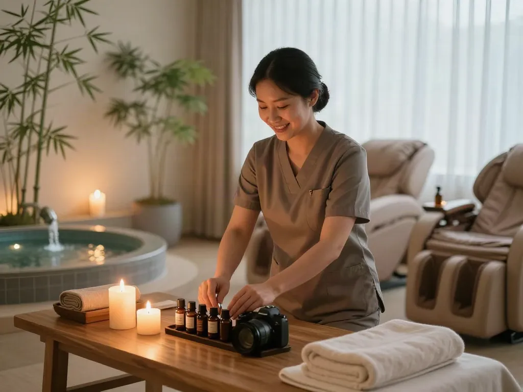 Relaxing spa scene showcasing a massage therapist preparing for 성동구출장안마 in a serene environment.