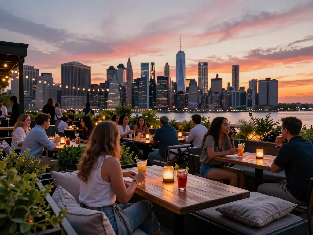Guests enjoying drinks at NoHu rooftop bar with stunning skyline view.