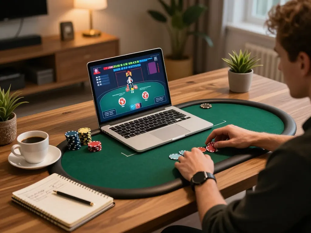 KP88 player strategizing with poker on laptop in cozy home setup