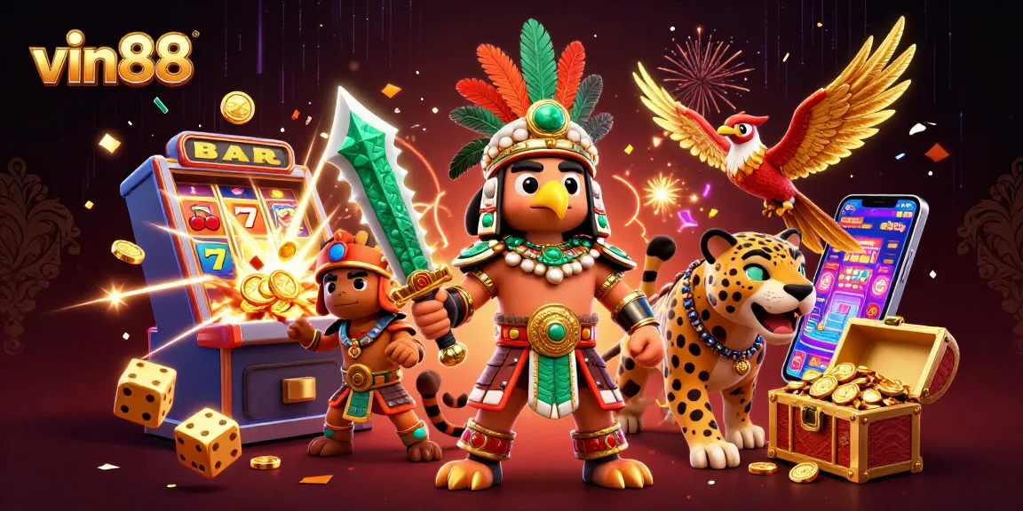 vin88 casino scene showcasing Aztec warriors, a jackpot slot machine, and vibrant casino elements