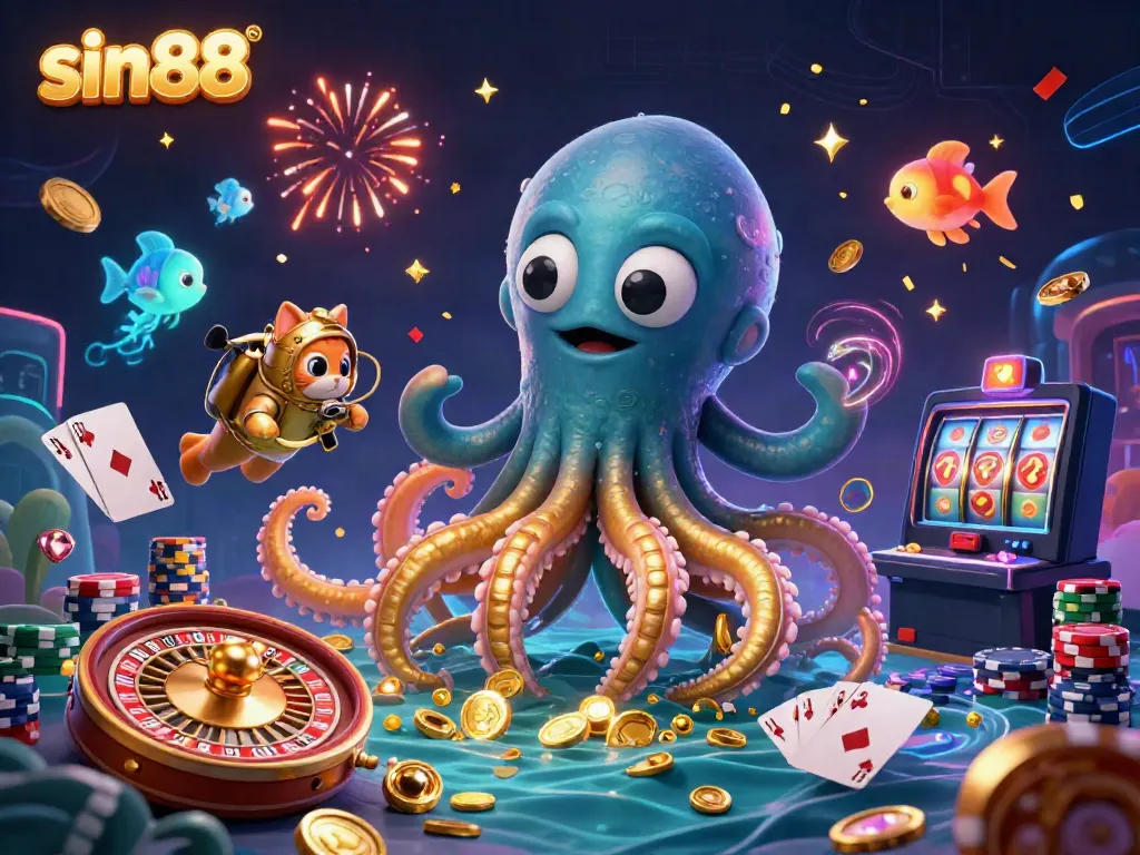Spin to win at sin88 with a captivating kraken scene filled with gold coins and casino excitement.