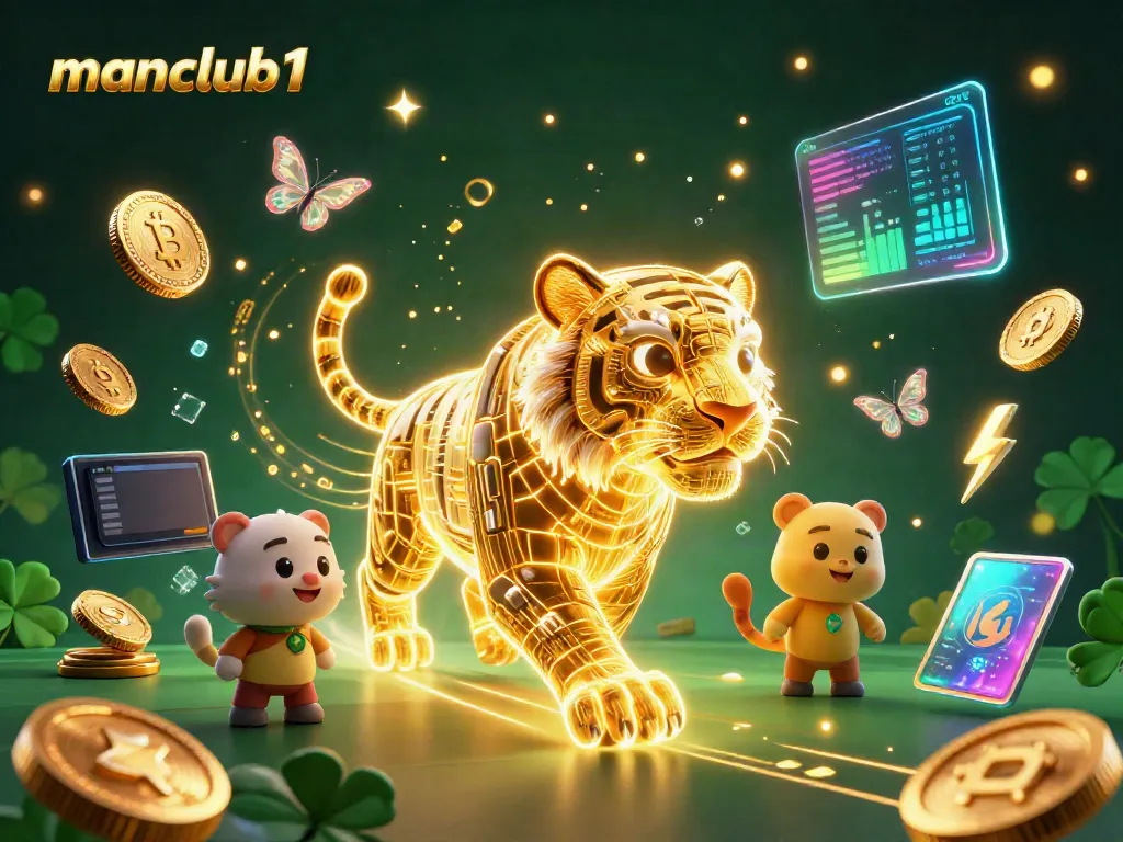Experience the thrilling digital atmosphere of manclub1 with a glowing neon tiger and crypto elements.