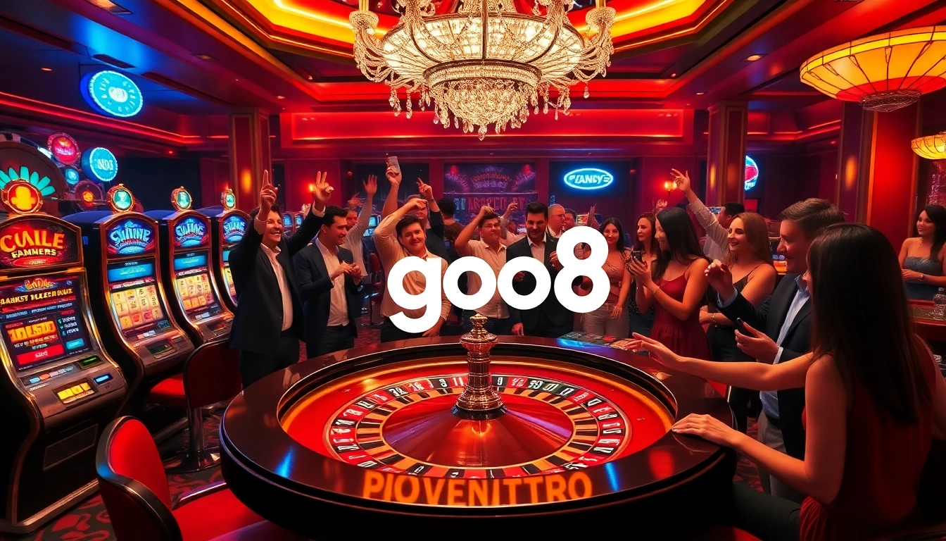 Excited players celebrating wins at the luxurious go8 casino with roulette and slot machines.
