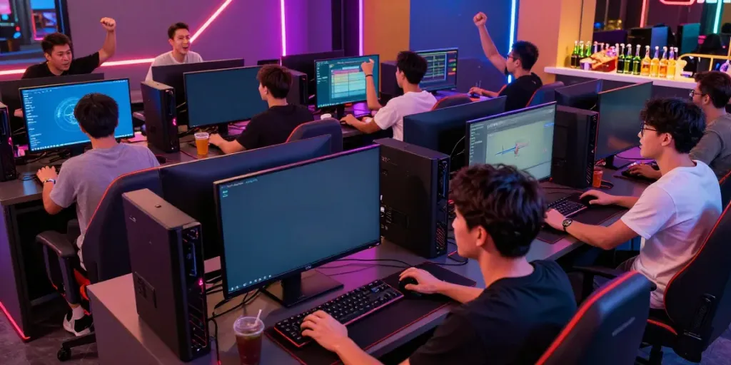 Engaged players at Manclub gaming lounge enjoying an energetic atmosphere with vibrant neon lights.