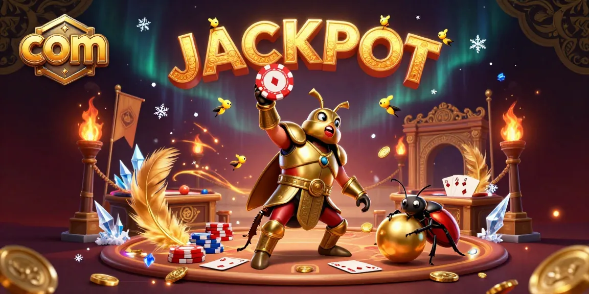 Engage with com's vibrant jackpot celebration featuring a victorious beetle lifting a poker chip.