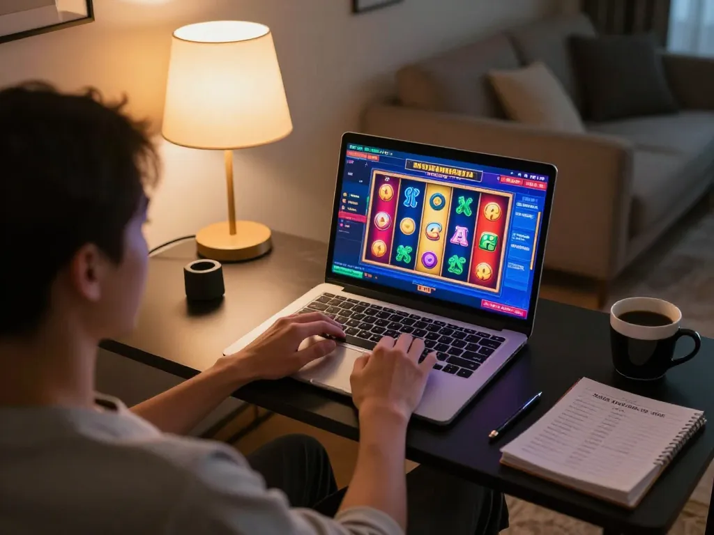 Engaged user playing on fly88's online casino platform from home, enjoying immersive gameplay experience.