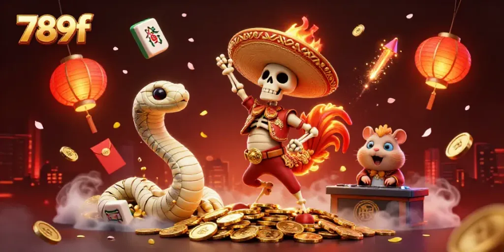 Celebrate wins with 789f in a vibrant 3D scene full of luck and casino elements.