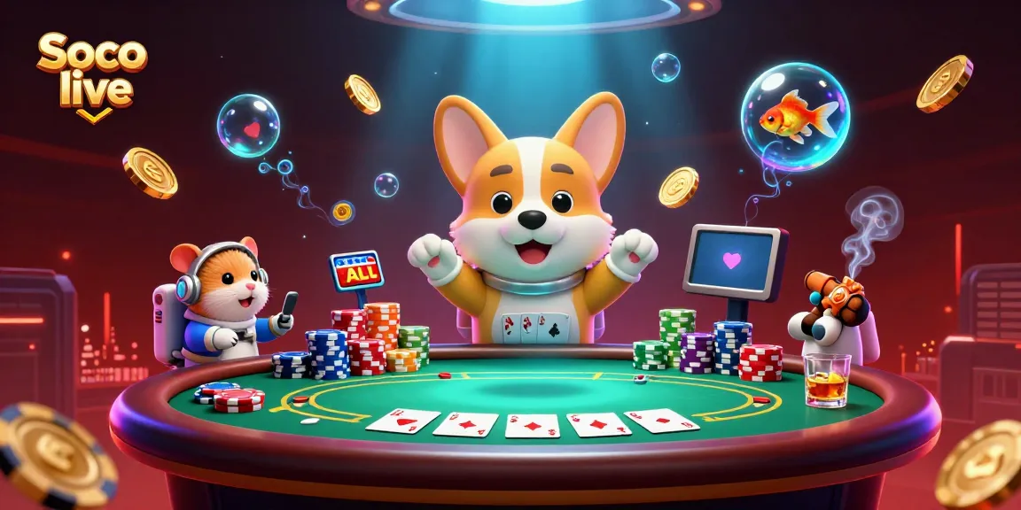 Soco live entertains players with an astronaut corgi and gaming elements in a floating casino scene.