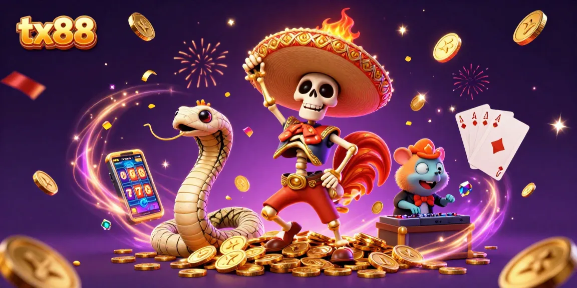 Experience the tx88 excitement with a dynamic scene of casino characters celebrating with coins and cards.