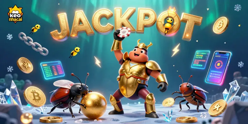 Engage with keo nha cai as a hercules beetle celebrates a winning poker moment in a vibrant casino scene.