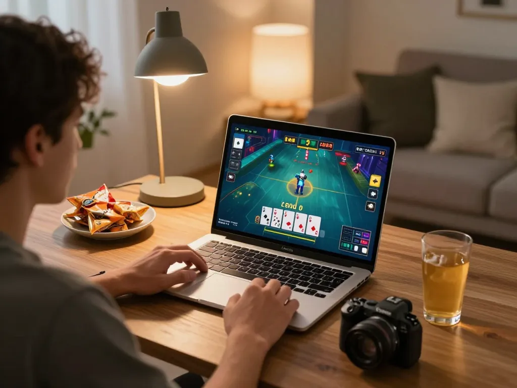 Engaging in game nohu on a laptop at home, showcasing strategic online gambling experience.