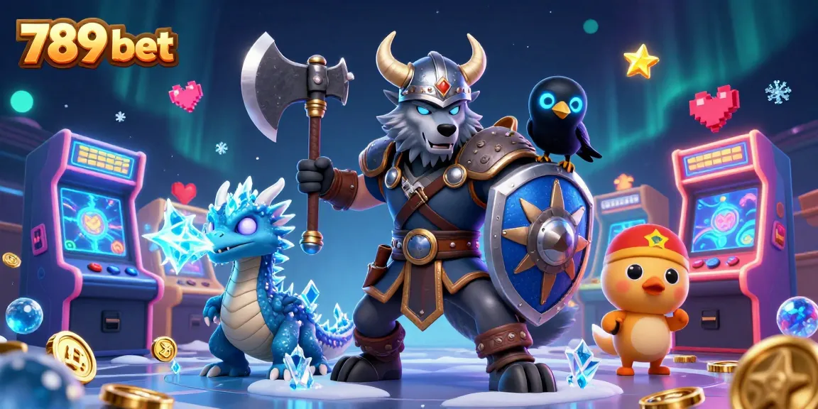 Win big with 789 bet in a vibrant 3D illustration of a Viking warrior surrounded by casino game elements.