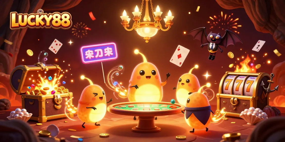 Catch winning vibes with LUCKY88 in this vibrant casino scene featuring lively glowworms.